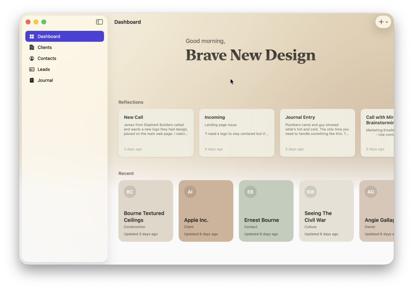 Dashboard view in Pueblo CRM