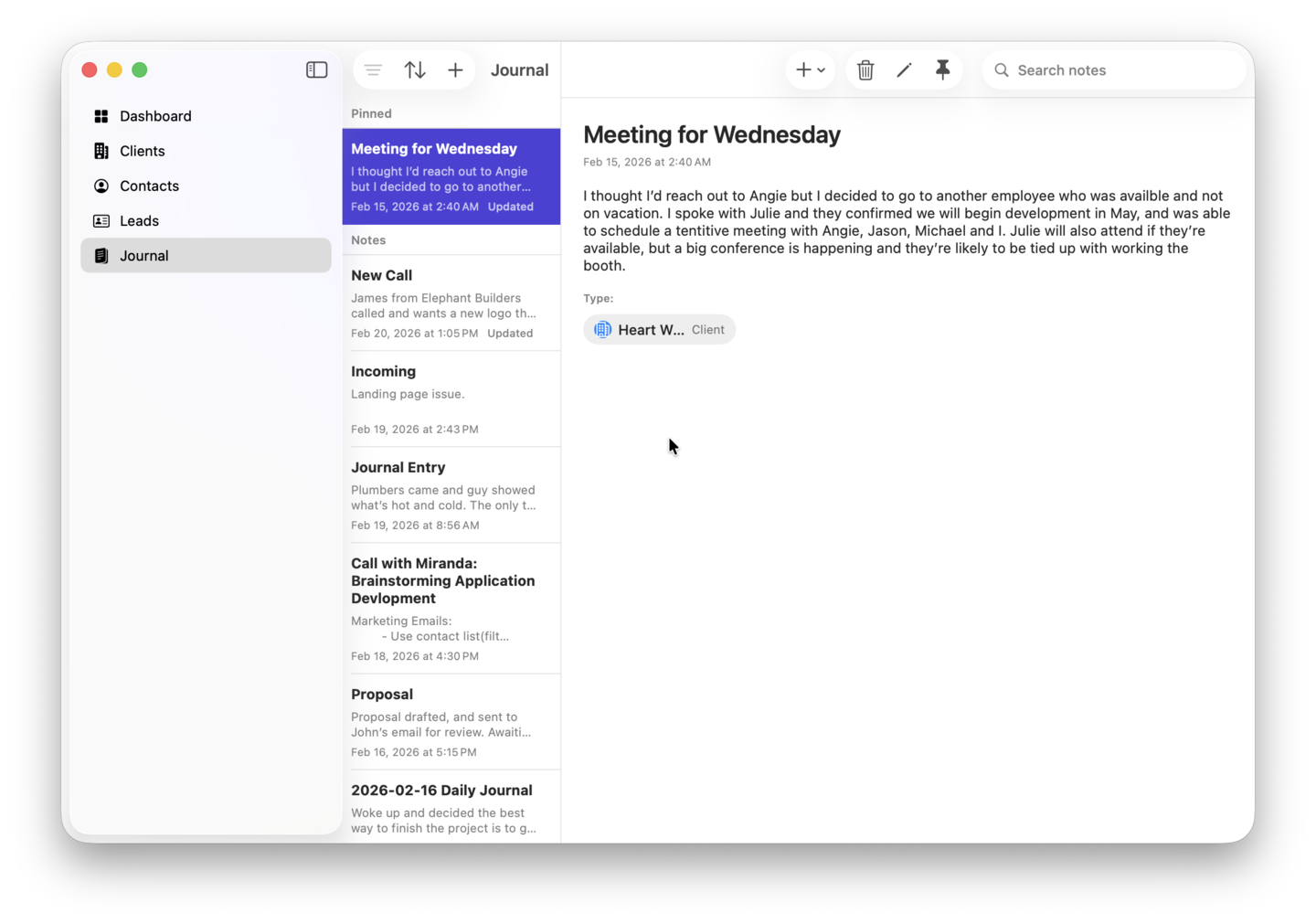 Journal view in Pueblo CRM